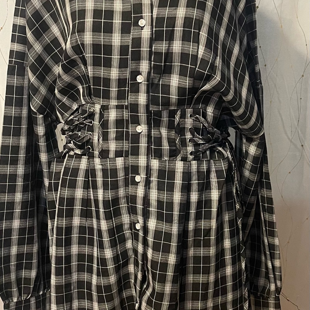 Black and White Plaid Button-Up Shirt Dress